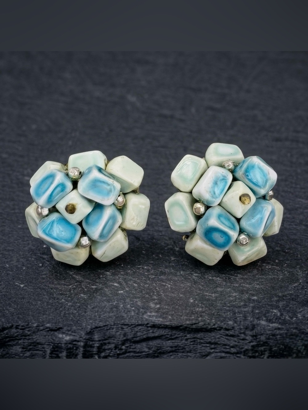 Vintage 60s Japan Blue White Enameled Glass Cube Bead Cluster Clip On Earrings